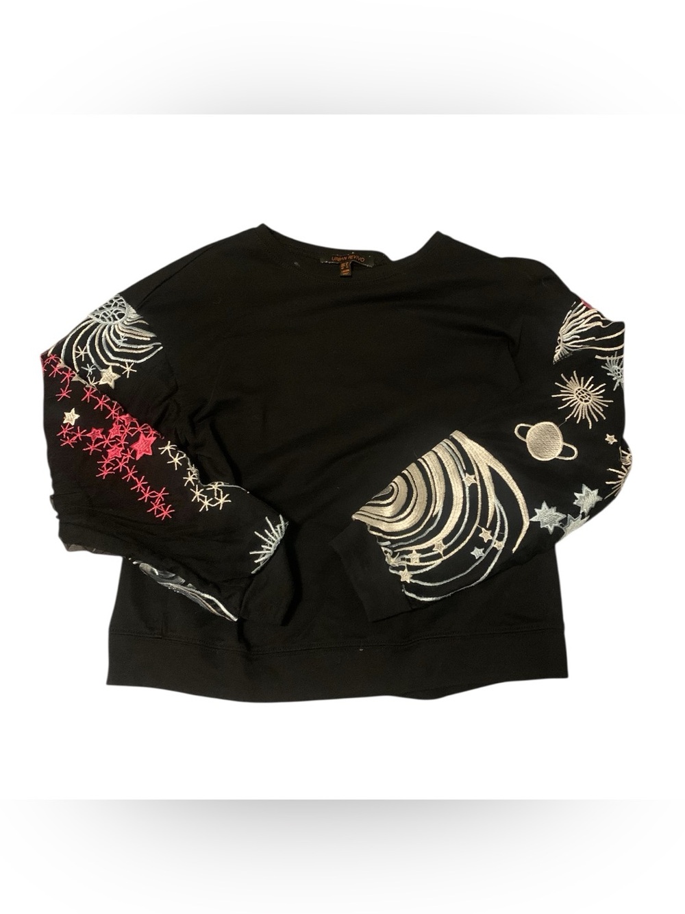 Woman’s Urban Revival Celestial Embroidered Sleeve black sweater size 8